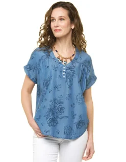Outlet Blouse 100% lyocell bleu Chemisiers & Blouses|Hauts