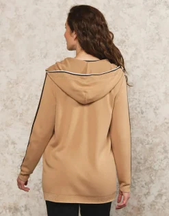 Fashion Gilet long capuche camel Gilets|Maille