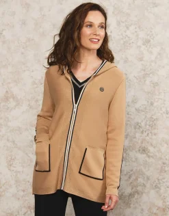 Fashion Gilet long capuche camel Gilets|Maille