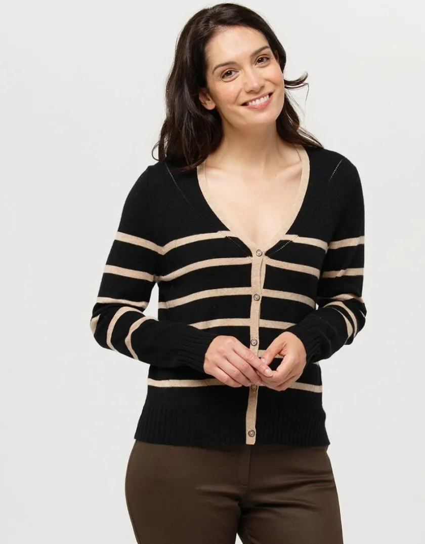 Online Gilet rayé noir beige Gilets|Maille