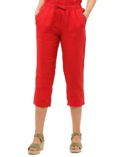 Sale Pantacourt 100%lin rouge Pantacourts