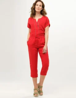 Sale Pantacourt 100%lin rouge Pantacourts