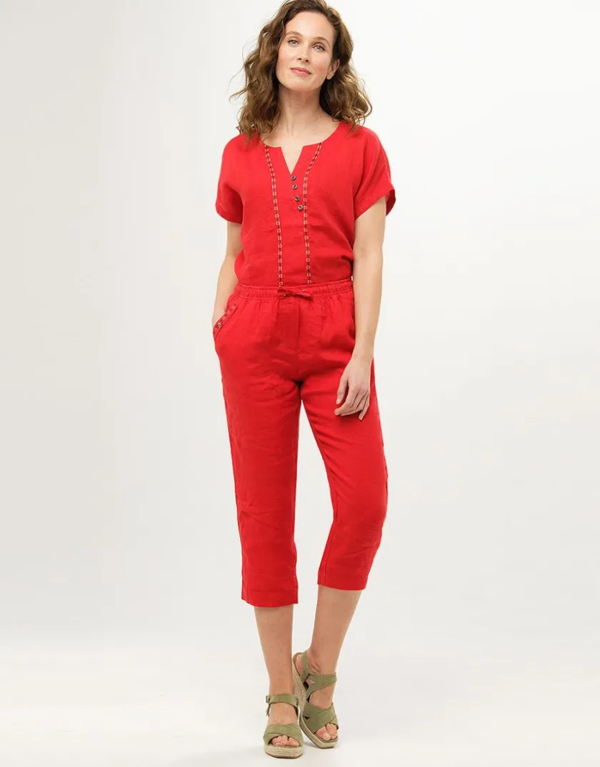 Sale Pantacourt 100%lin rouge Pantacourts