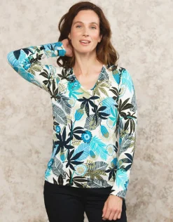 Clearance Pull imprimé blanc bleu Pulls|Maille