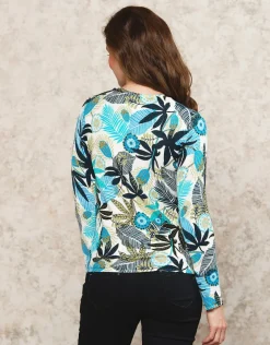Clearance Pull imprimé blanc bleu Pulls|Maille