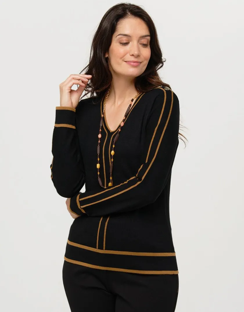 Sale Pull noir bande camel Pulls|Maille