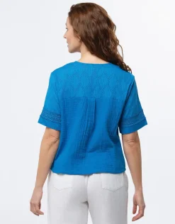 Discount Top gaze de coton bleu Chemisiers & Blouses|Hauts