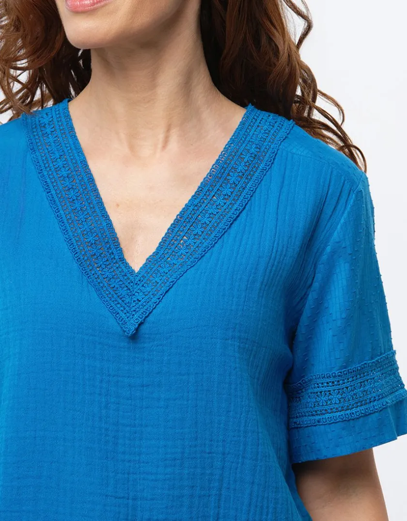 Discount Top gaze de coton bleu Chemisiers & Blouses|Hauts