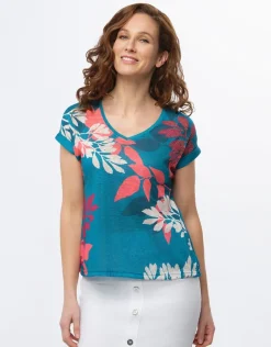 Online T-shirt bleu motif fleuri T-shirts|Hauts
