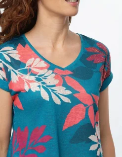 Online T-shirt bleu motif fleuri T-shirts|Hauts