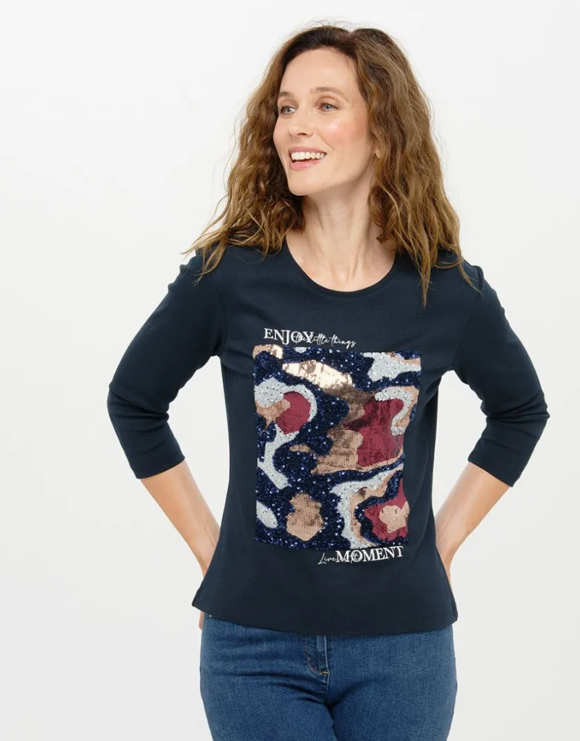 Outlet T-shirt coton bleu motif T-shirts|Hauts