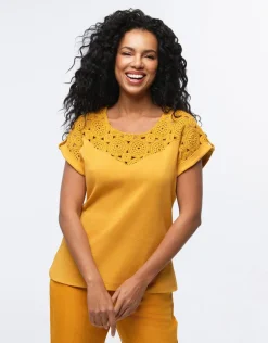 Fashion T-shirt coton ocre T-shirts|Hauts