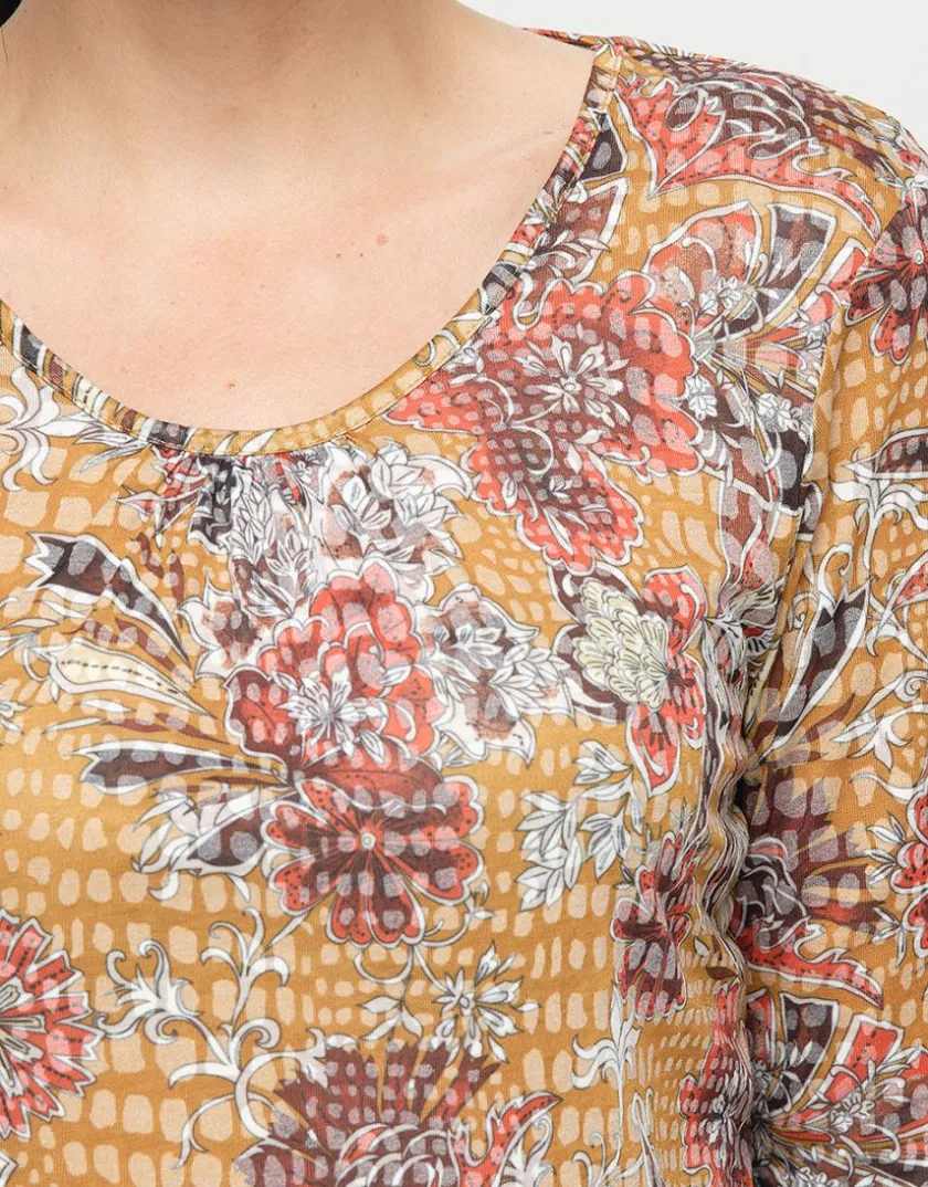 Online T-shirt ocre floral T-shirts|Hauts